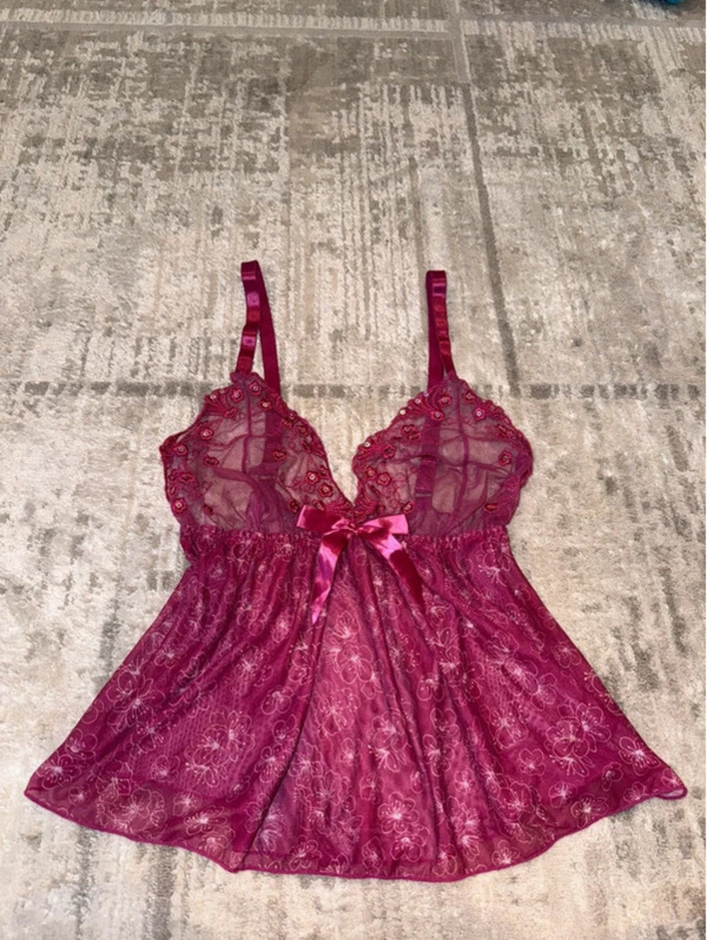 Plus Size 1X Burgundy Floral Lace Babydoll Lingerie Sheer Mesh Chemise